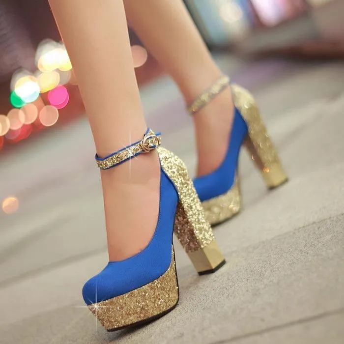 Women sexy glitter ankle strap platform chunky high heels