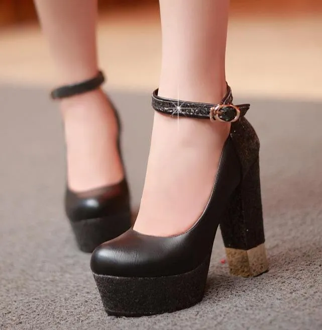 Women sexy glitter ankle strap platform chunky high heels