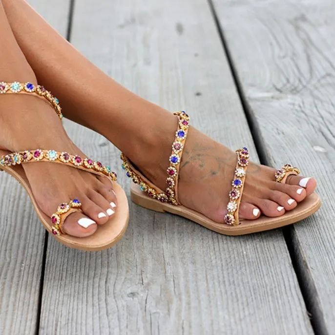 Women's flat rhinestone toe ring sandals boho summer beach sandals