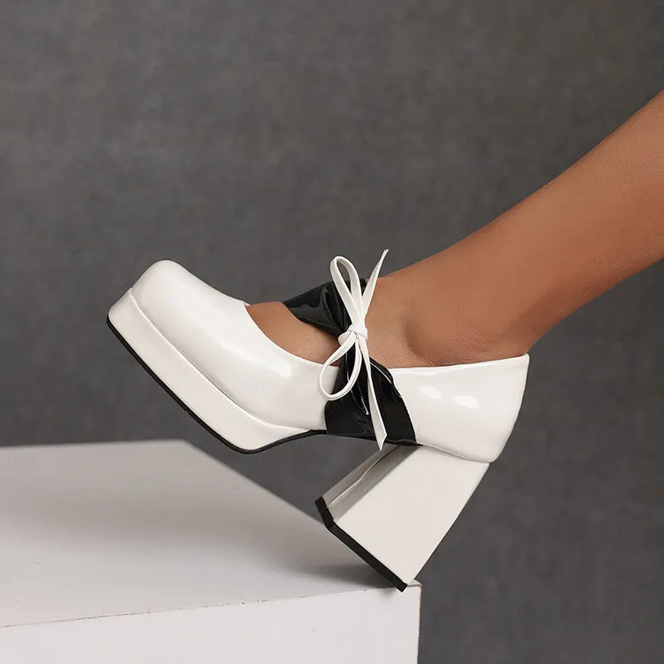 Women's Glossy Bows Square Toe Block Heel Mary Janes Platform Pumps