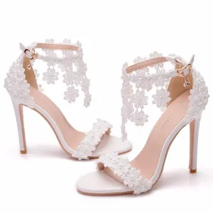 Women's white lace ankle strap wedding heels open toe bridal sandals