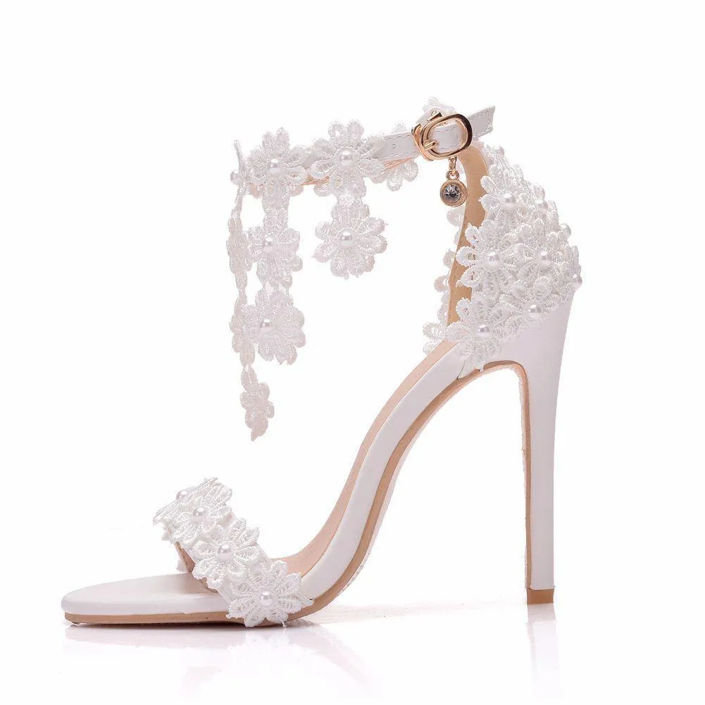 Women's white lace ankle strap wedding heels open toe bridal sandals