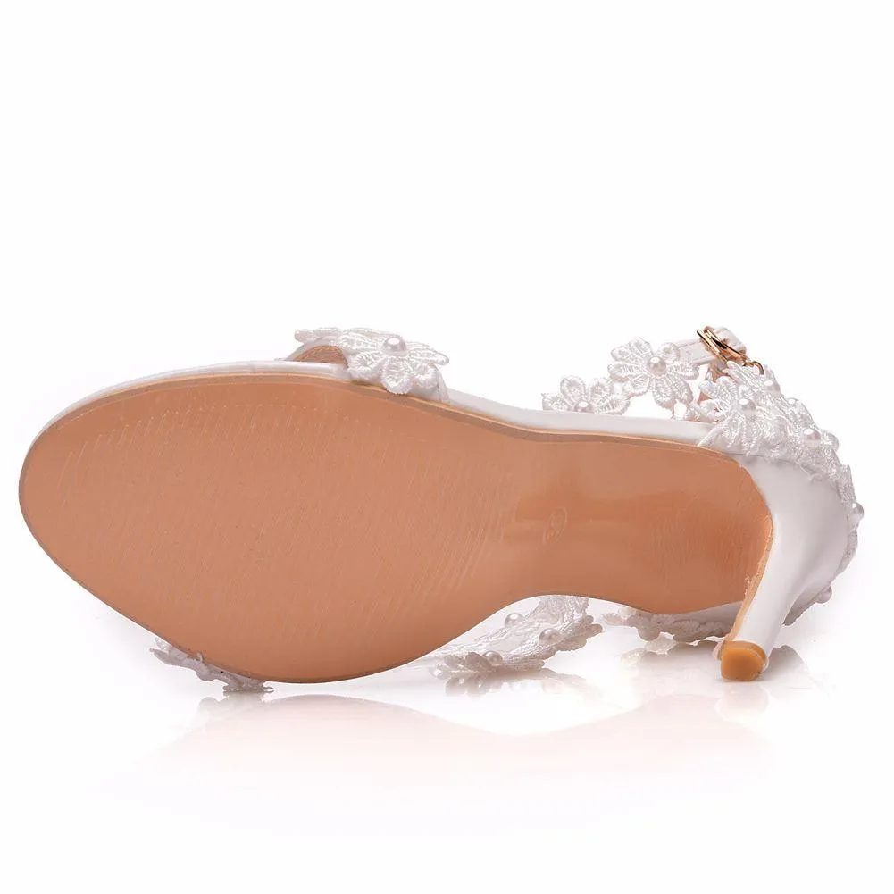 Women's white lace ankle strap wedding heels open toe bridal sandals