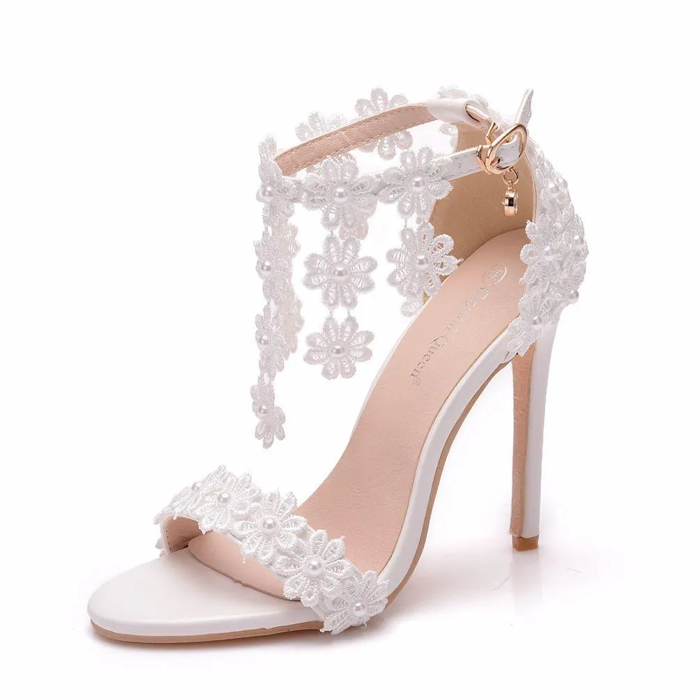 Women's white lace ankle strap wedding heels open toe bridal sandals