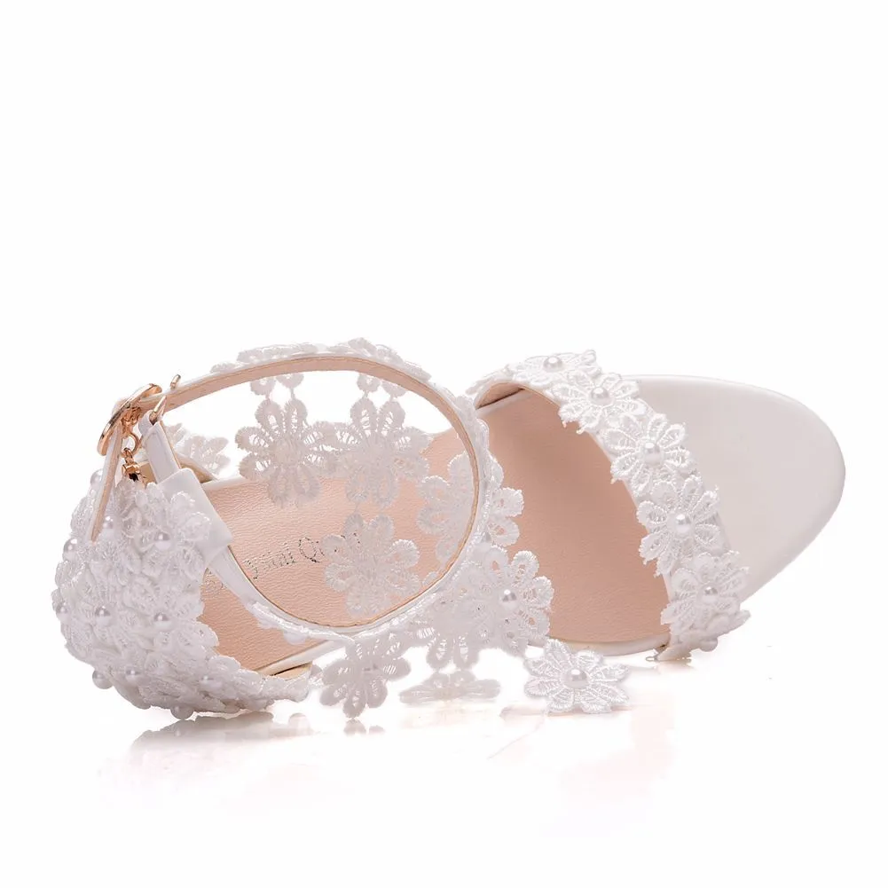Women's white lace ankle strap wedding heels open toe bridal sandals