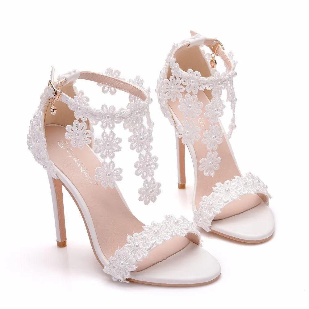Women's white lace ankle strap wedding heels open toe bridal sandals