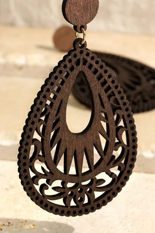 Wood Filigree Teardrop Earrings