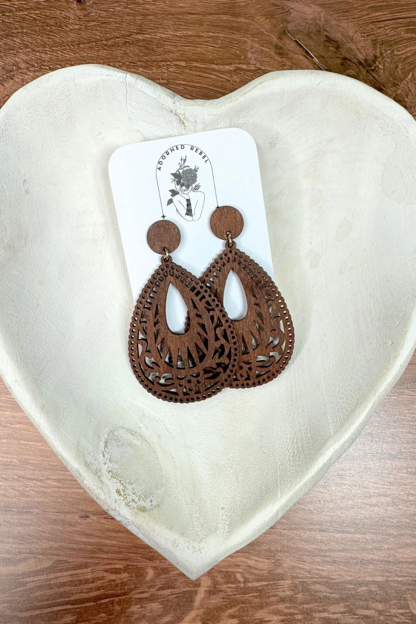 Wood Filigree Teardrop Earrings
