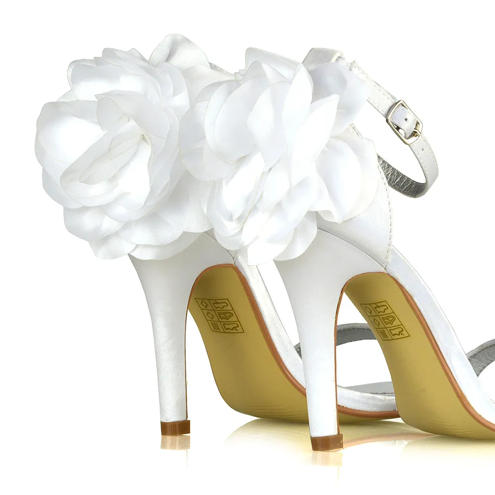 Zola Flower Detail Open Toe Buckle Strappy Bridal High Stiletto Heels in White
