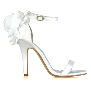 Zola Flower Detail Open Toe Buckle Strappy Bridal High Stiletto Heels in White