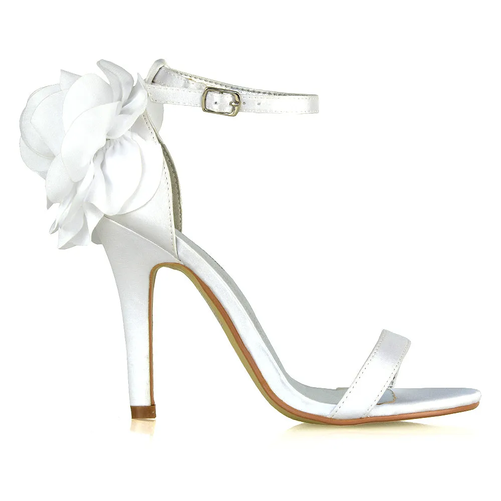 Zola Flower Detail Open Toe Buckle Strappy Bridal High Stiletto Heels in White