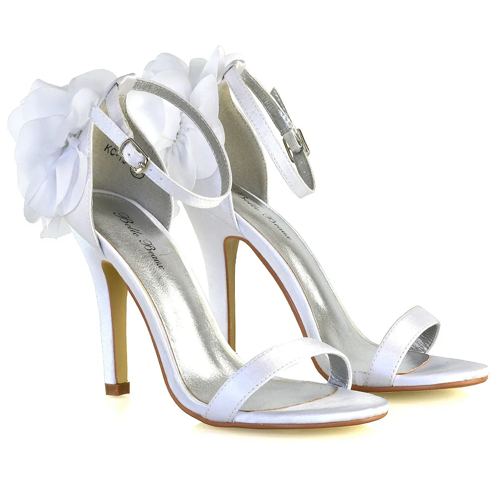 Zola Flower Detail Open Toe Buckle Strappy Bridal High Stiletto Heels in White